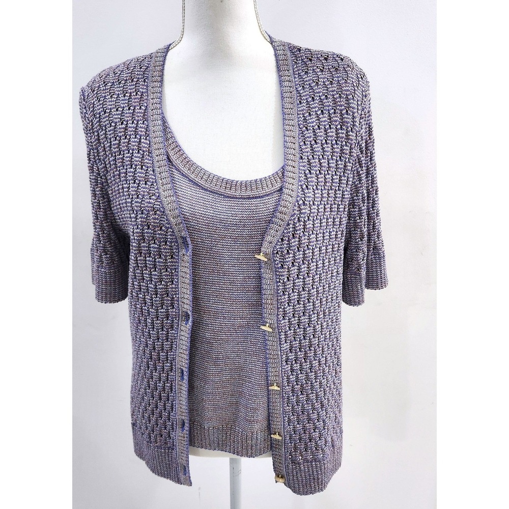 St John Sport Purple Gold Metallic Knit Cardigan and Tank Twin Set Size L